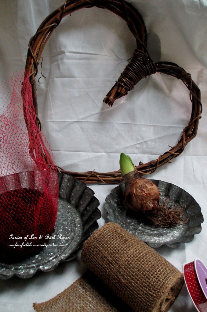 All you'll need: amaryllis bulbs, potting soil, netting, burlap and a wreath http://ourfairfieldhomeandgarden.com/diy-amaryllis-heart-wreath/