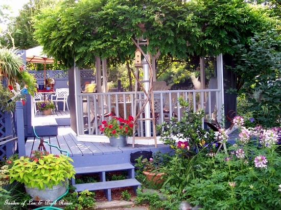 Gazebo & back deck in summer http://ourfairfieldhomeandgarden.com/a-trip-down-memory-lane-my-former-garden/