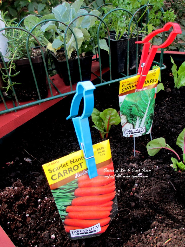 Dollar Store bird clips hold the seed packets in place http://ourfairfieldhomeandgarden.com/diy-project-raised-beds-for-free/