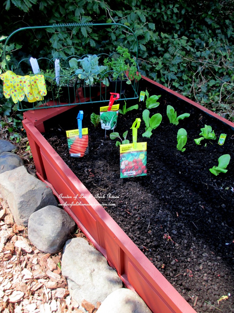 finished raised bed with early season plantings http://ourfairfieldhomeandgarden.com/diy-project-raised-beds-for-free/