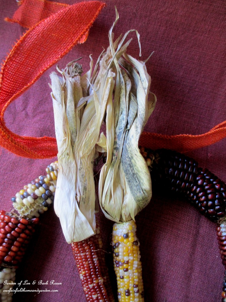 Tie the smaller Indian Corn on with wired burlap ribbon. http://ourfairfieldhomeandgarden.com/diy-fall-corn-cob-wreath/