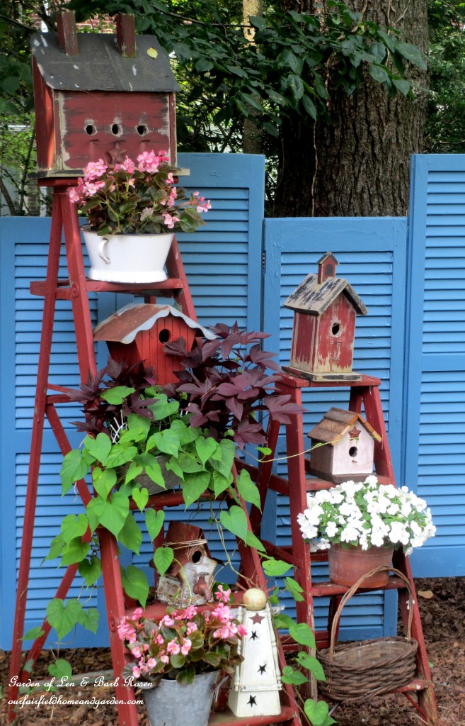 Birdhouse Ladders http://ourfairfieldhomeandgarden.com/salvaged-the-32-shutter-challenge-repurposing-shutters-in-the-garden/