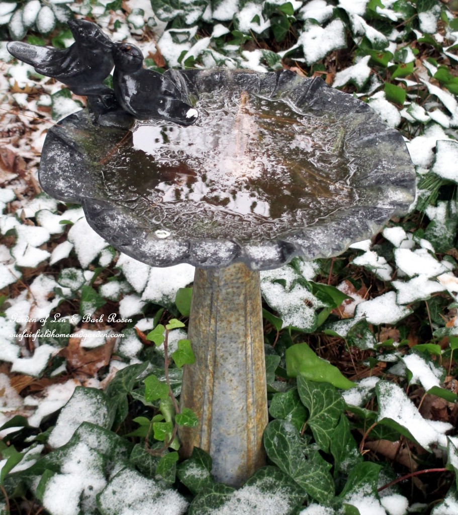Birdbath under a pine https://ourfairfieldhomeandgarden.com/winter-wonderland-it-finally-snowed/