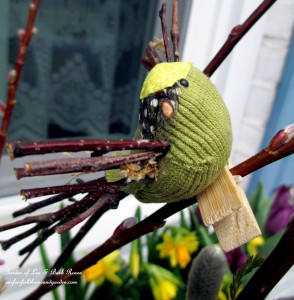 Tiny fabric bird with twig beak , wings and tail attached to a clothespin.https://ourfairfieldhomeandgarden.com/diy-project-welcome-spring-time-to-change-the-window-boxes/