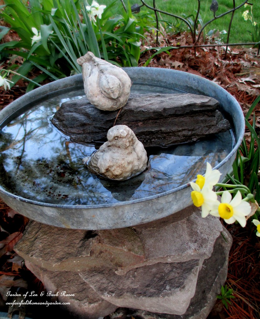 Stacked Stone Bird Bath https://ourfairfieldhomeandgarden.com/let-the-gardening-begin/