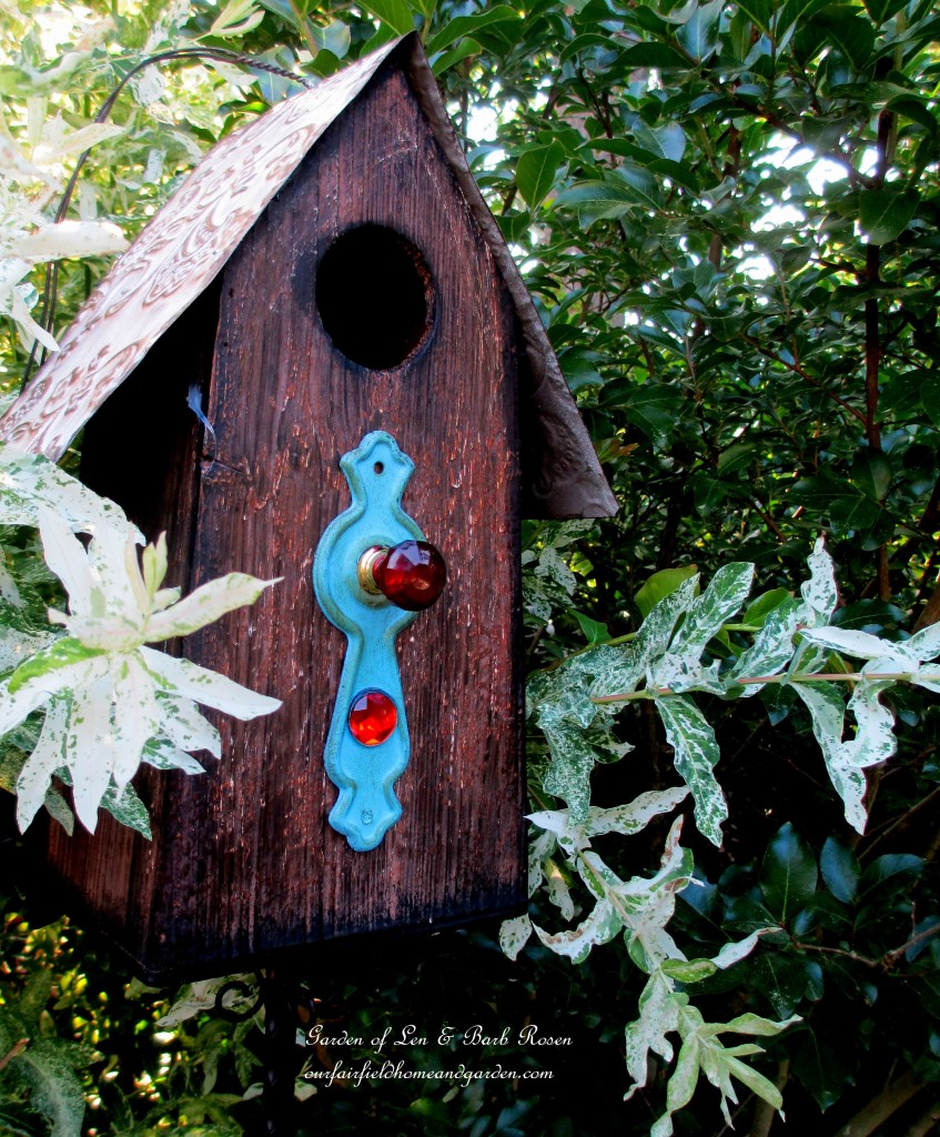 tin roofed birdhouse https://ourfairfieldhomeandgarden.com/garden-walk-june-1st/