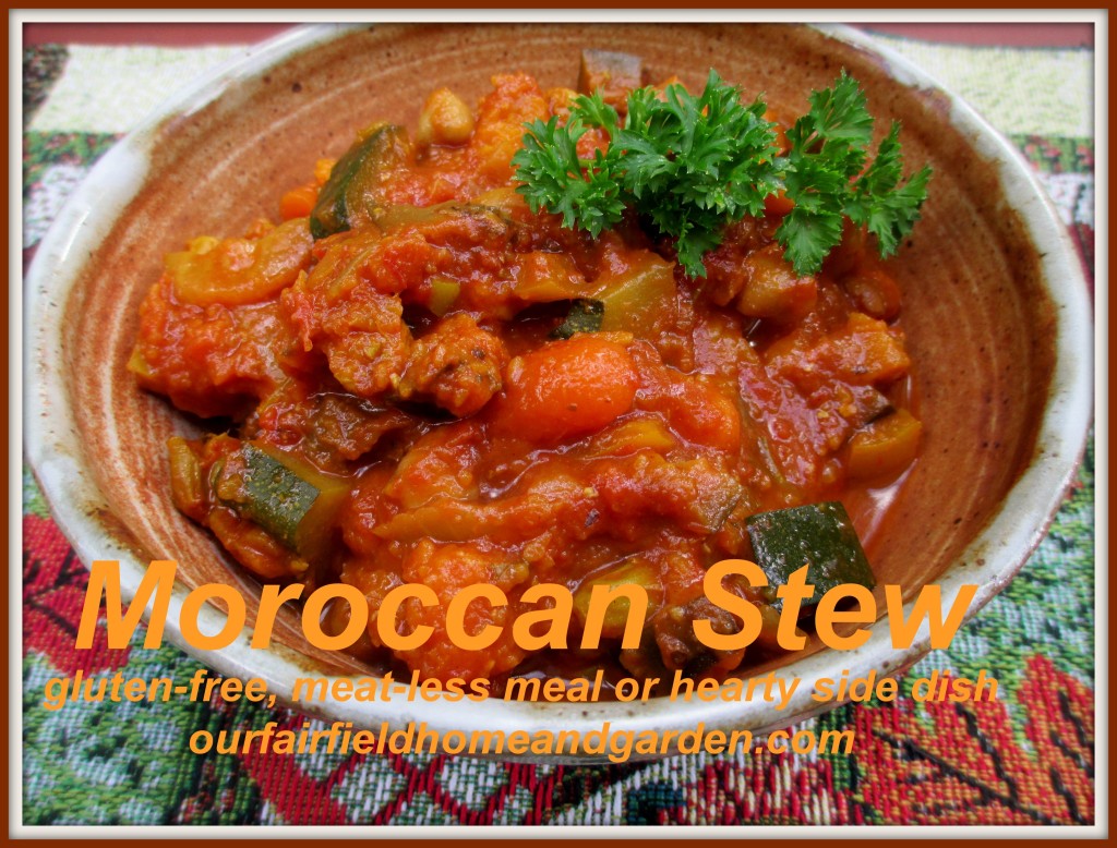 Moroccan Stew ~ delicious as a main course or side dish https://ourfairfieldhomeandgarden.com/home-cooking-moroccan-vegetable-stew-meat-less-meal-or-hearty-side-dish/